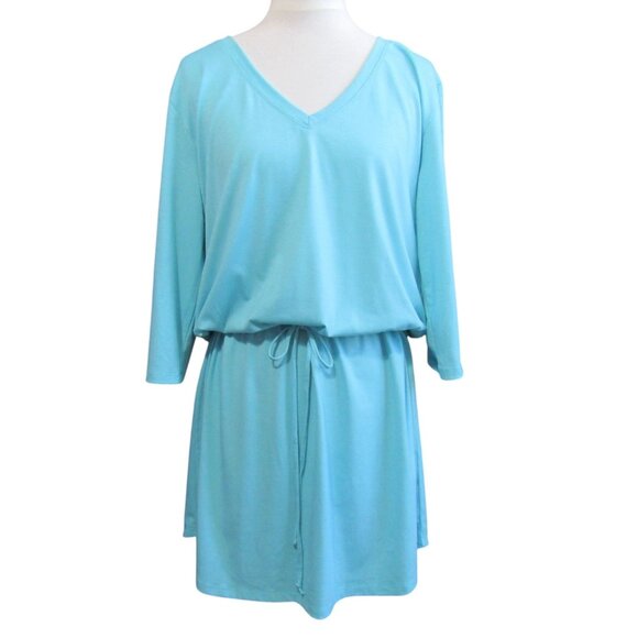 Soft Surroundings Aqua Blue Mini Dress Size L Drawstring Waist 3/4 Sleeve Womens - Picture 10 of 10